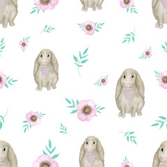 watercolor pattern in the nursery. Easter rabbits. Delicate girlish design