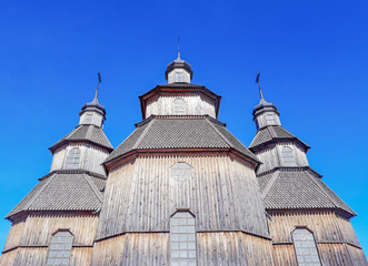 Wooden old church in Ukraine on Zaporozhian Sich, Hortisia island.