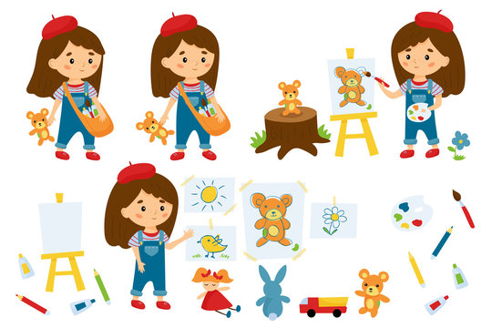 Set of little girl artist. Cute cartoon character. Vector illustration for children. When I grow up i want to be an artist. Exhibition of paintings.