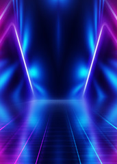 Abstract dark background with blue and pink neon glow. Neon luminous figure in the center of the stage. Light lines on a dark background, smoke, smog