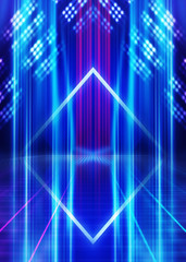 Abstract dark background with blue and pink neon glow. Neon luminous figure in the center of the stage. Light lines on a dark background, smoke, smog