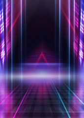 Abstract dark background with blue and pink neon glow. Neon luminous figure in the center of the stage. Light lines on a dark background, smoke, smog