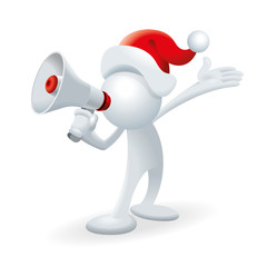 Cute little white Sim man with a Santa Claus hat making Christmas promotion announcement with megaphone