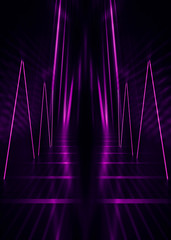 Abstract dark background with purple neon glow. Neon luminous figure in the center of the stage. Light lines on a dark background, smoke, smog