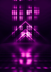 Abstract dark background with purple neon glow. Neon luminous figure in the center of the stage. Light lines on a dark background, smoke, smog