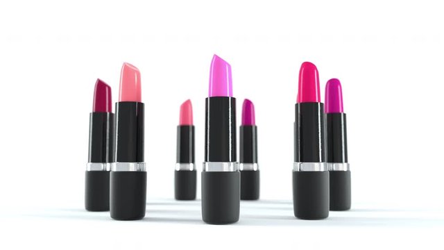 Many differents color lipstick rotating on white background. Realistic 3D color lipstick. Make up 4k render animation.