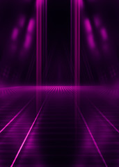 Abstract dark background with purple neon glow. Neon luminous figure in the center of the stage. Light lines on a dark background, smoke, smog