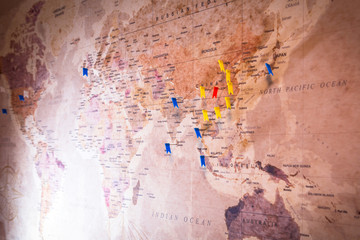 World map with pinned Wuhan city in China  as an epidemic epicenter of coronavirus