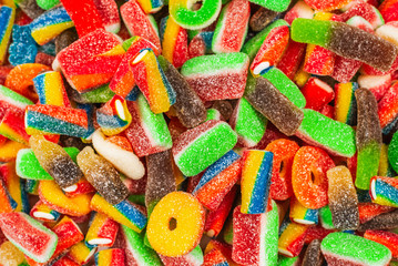 Assorted gummy candies. Top view. Jelly  sweets.