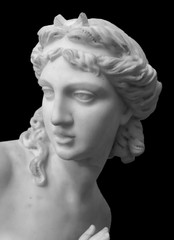 Marble head sculpture of young woman, ancient Greek goddess art bust statue isolated on black background