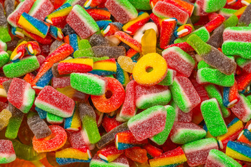 Assorted gummy candies. Top view. Jelly  sweets background.