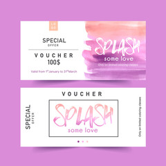 Splash color voucher design with pink watercolor illustration.