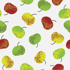 A green, yellow, and red apples on a light background seamless vector pattern. Fruit themed surface print design.