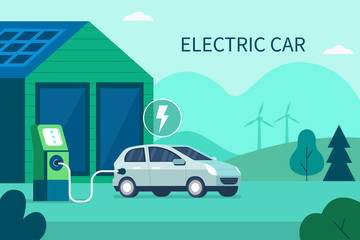  Charging Electric Car Battery at Electric Recharge Station. Modern Hybrid Auto. New Alternative Energy Vehicle. Futuristic Transport, Green Energy, Eco City Concept. Flat Cartoon Vector Illustration.