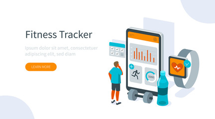 Sportive Man Monitoring his Heart Rate in Fitness App on Smartphone and on Smart Watch. Character Checking Workout Results. Fitness and Healthy Sport Concept. Flat Isometric Vector Illustration.