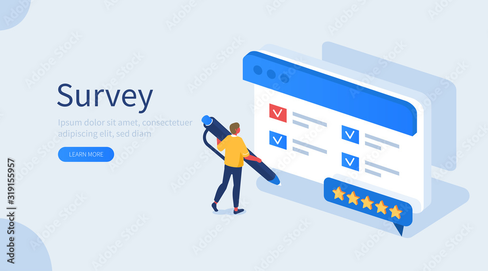 Wall mural people character filling test online in customer survey form. man putting check mark on checklist. c