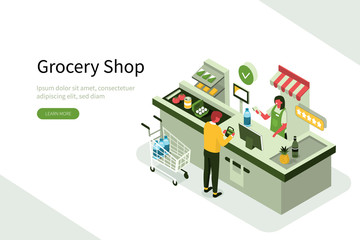 Woman Choosing Groceries on Smartphone Screen. Near standing Full Shopping Basket with Food, Beverages and other Grocery Products.  Online Grocery Shopping Concept. Flat Isometric Vector Illustration.