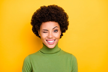 Photo of cheerful positive pretty nice girlfriend smile toothy blinking winking isolated with teeth...