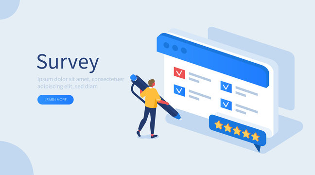 People Character Filling Test Online in Customer Survey Form. Man putting Check Mark on Checklist. Customer Experiences and Satisfaction Concept. Flat Isometric Vector Illustration.