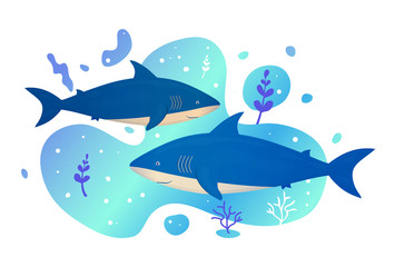 Two sharks in the sea. Ocean fish. Underwater marine wild life. Vector illustration.