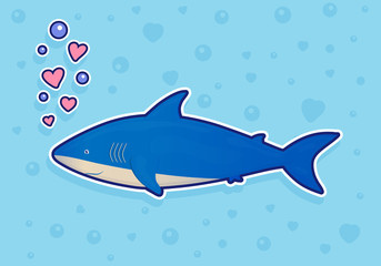 Shark sticker on blue background with bubbles and hearts. Ocean fish. Underwater marine wild life. Vector illustration.