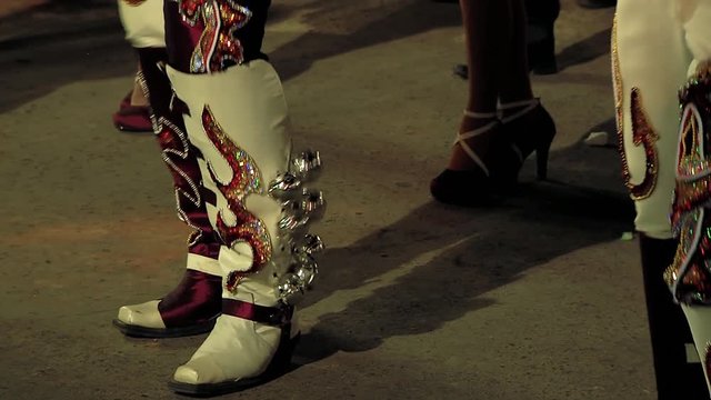 Legs Of Caporales Dancers In Ornate Costume At the Virgin of Urkupi&ntilde;a Festival, in Bolivia. 