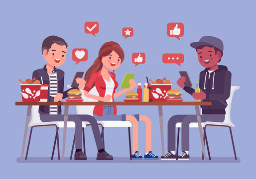 Gadget addiction, friends at dinner dependent on smartphones. Group of young people having lunch together but glued to phone screen, sharing and taking food photo, chatting online. Vector illustration