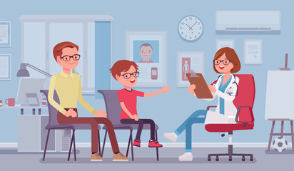 Child pediatric check up procedure, female doctor. Family visiting medical practitioner in clinic office, adolescent medicine specialist exam, health care of infant, children, kid. Vector illustration