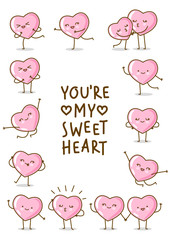 Kawaii pink hearts isolated on white background Vector border for Valentines day cute design