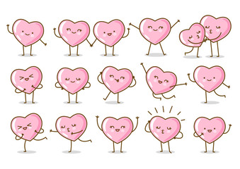 Set of kawaii pink hearts isolated on white background Vector characters for Valentines day cute design