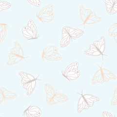 Vector Monarch Butterflies Lineart on Light Blue seamless pattern background.
