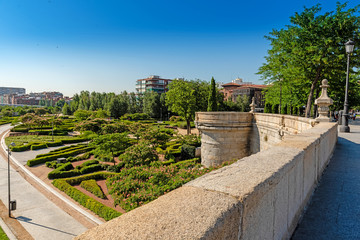 View on Rio park from The St Martin's Bridge or the Bridge of Toledo. Stone bridge in Madrid. Spain