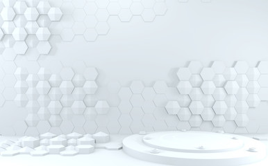 futuristic concept hexagon white abstract showcase. 3D rendering