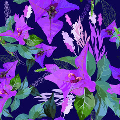 Contrast pattern with exotic plants. Seamless vector with flowers of bougainvillea, orchids and lavender on a dark background. For textile, wallpaper, tile