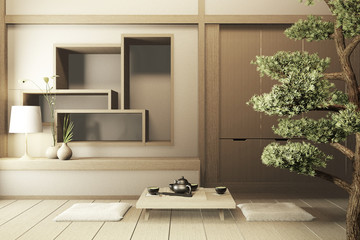 Mock up shelf wall, Designed specifically in Japanese style, empty room. 3D rendering