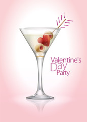 Valentine's day party banner or poster design concept. Cocktail glass, drink, olives and heart pierced by a toothpick. Hand drawn arrow feathers. Pink gradient background. 