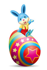 A cute blue rabbit sitting on a big colorful egg during Easter holiday
