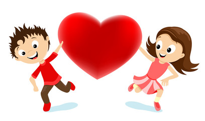 Boy and girl with a red heart in hands on a white background.