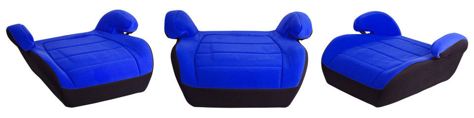 Safety booster seat for children, blue car seat isolated on white background with clipping path....