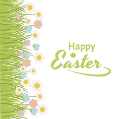 Happy Easter text for greetings, invitations, packaging, cards. With green grass with beautiful flowers. On white background