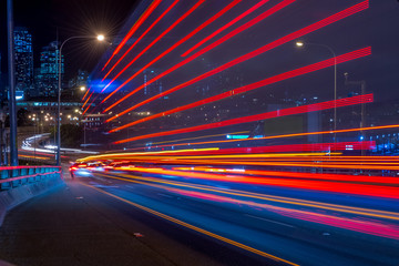 Fototapeta na wymiar Long exposure picture of a night traffic through the Anzac Bridge in Sydney