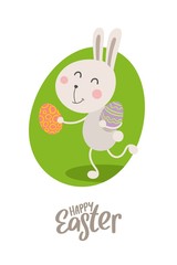 Cute little smiling cartoon bunny with two easter eggs. Flat vector illustration for greeting cards