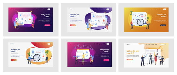 Set of business people analyzing curriculum vitae. Flat vector illustrations of men and women making statistics. Recruitment and analysis concept for banner, website design or landing web page