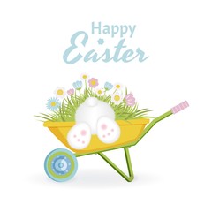 Happy Easter text for greetings, invitations, packaging, cards. A white rabbit is looking for an Easter egg in a garden car with grass and beautiful flowers. Cute legs and tail of a white bunny. On wh