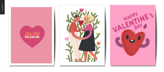 Fototapeta na wymiar Valentines postcards -Valentines day graphics. Modern flat vector concept illustration - greeting cards - a young couple holding their hands licking a heart shaped ice cream, a happy heart in love