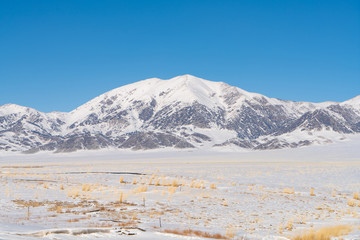 Snow mountain and snow field grassland near by the Xinjiang China Sayram lake. Winter season.