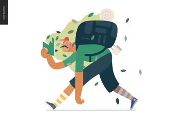 Wood design template -world Book Day graphics -book week events. Modern flat vector concept illustrations of reading people -man with mustache, cap, snickers and backpack in the forest reading a book