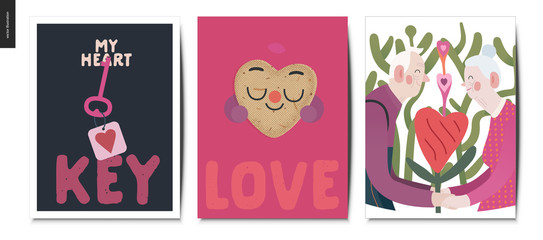 Valentines postcards -Valentines day graphics. Modern flat vector concept illustration - greeting cards -an aged couple holding their hands standing with a heart shaped plant, happy heart in love, key