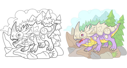 cartoon scary carnivorous dragon went hunting, funny illustration