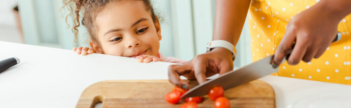 panoramic shot of african american woman cutting cherry tomatoes on cutting board near happy daughter
